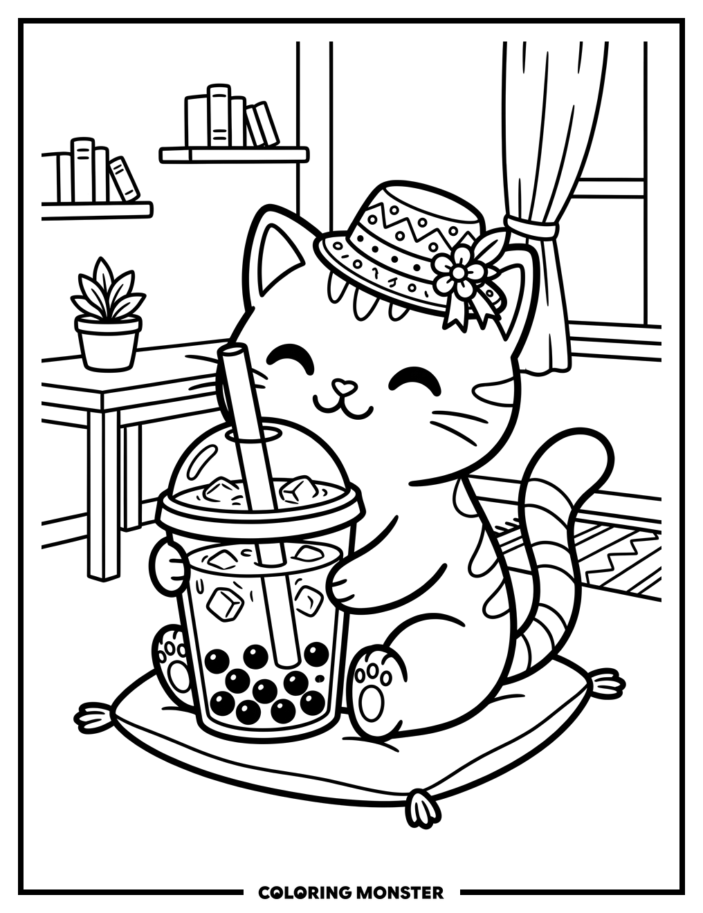 Cute Cat With Boba Tea Coloring Page
