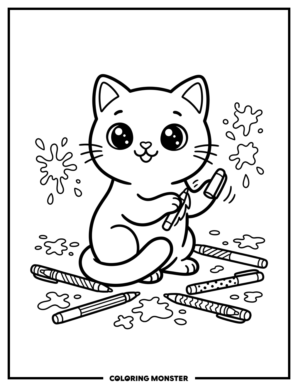 Cute Cat with Gel Pens Coloring Page