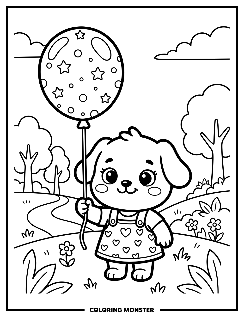 Cute Character With Large Balloon Coloring Page