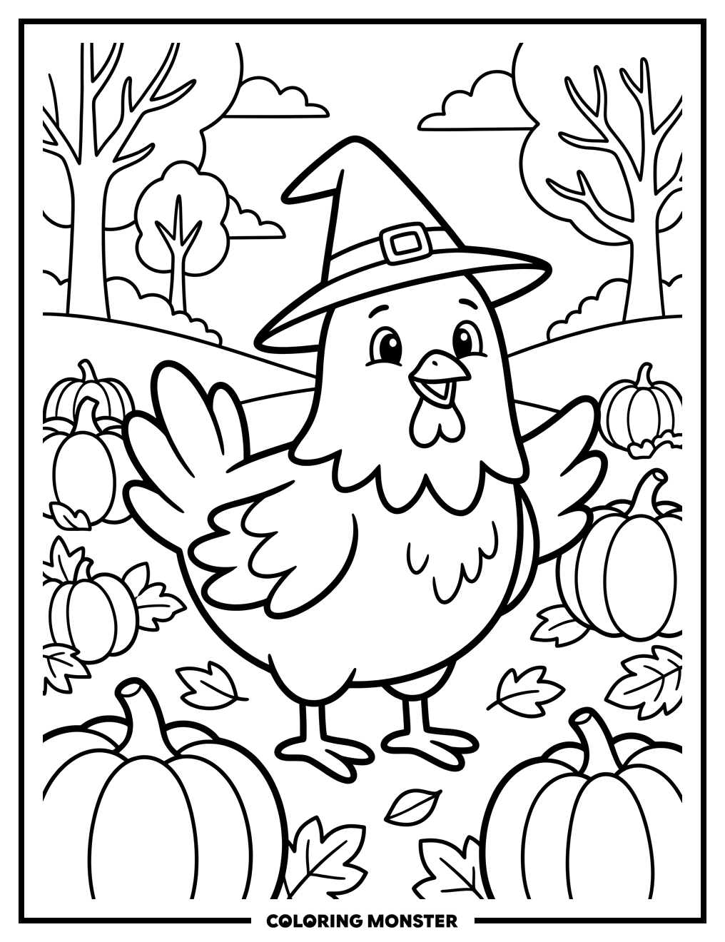 Cute Chicken in Autumn Field Coloring Page