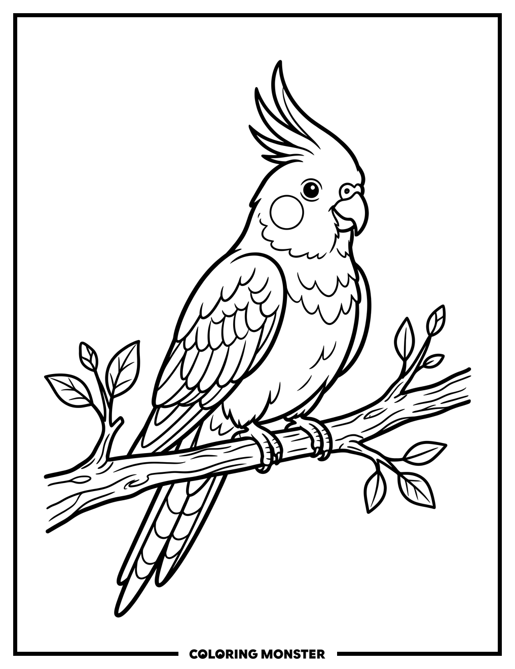 Cute Cockatiel on Branch Coloring Page