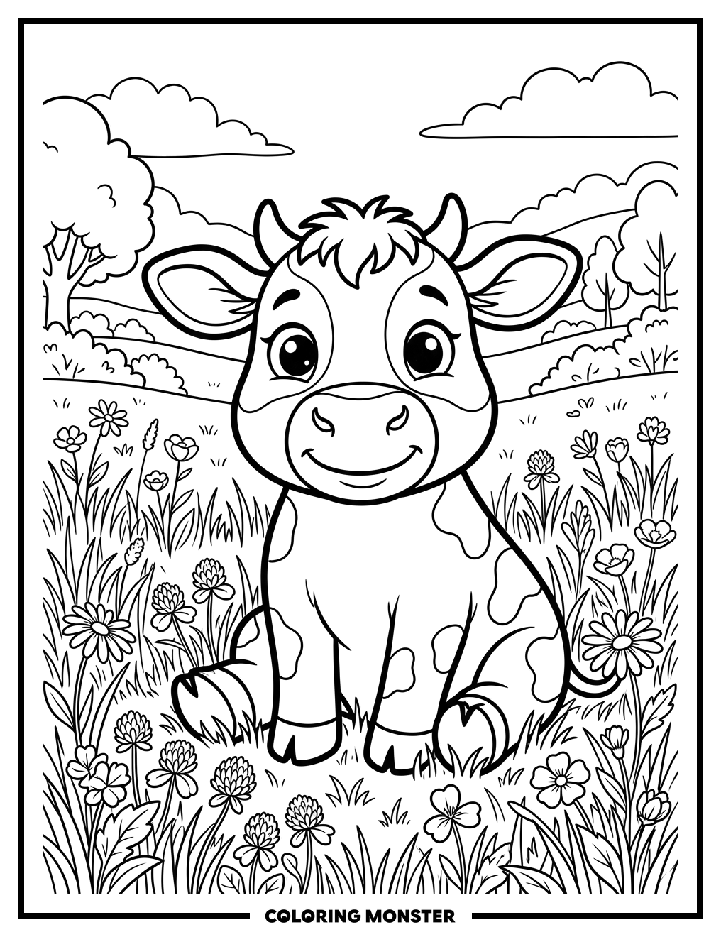 Cute Cow in Grassy Field Coloring Page