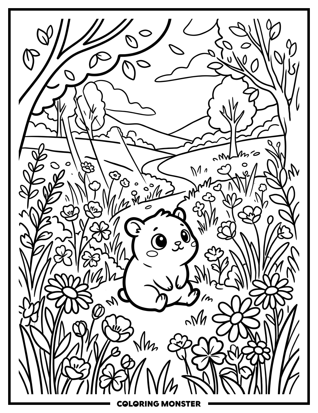 Cute Critter in Wildflower Meadow Coloring Page