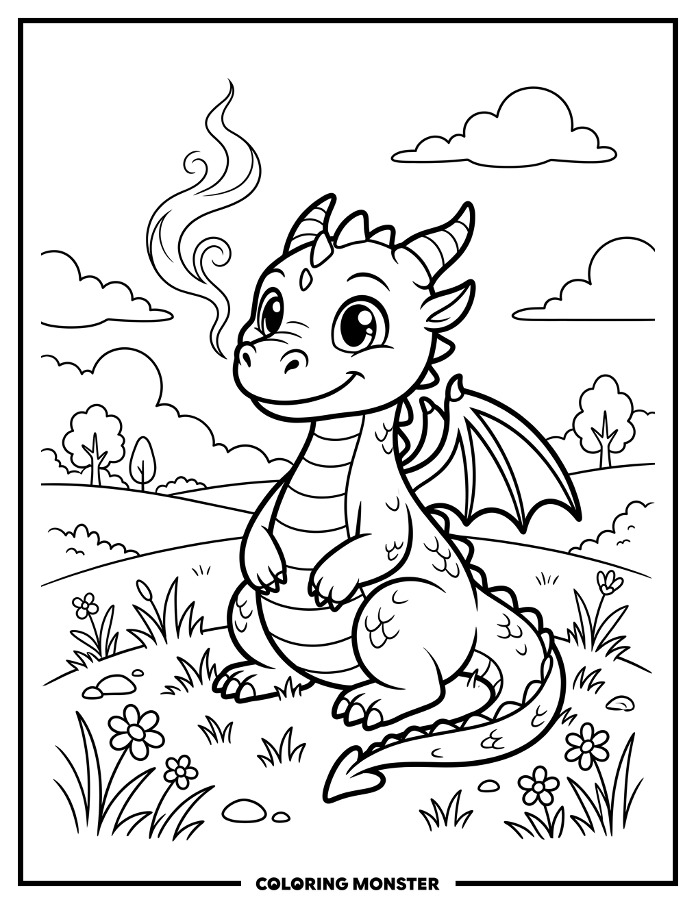 Cute Dragon in Grassy Meadow Coloring Page