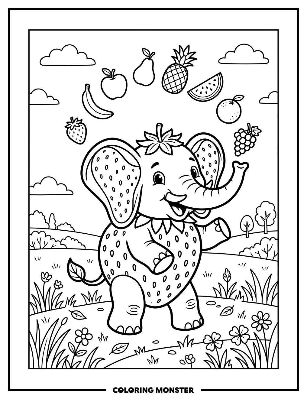 Cute Elephant Juggling Fruit Coloring Page