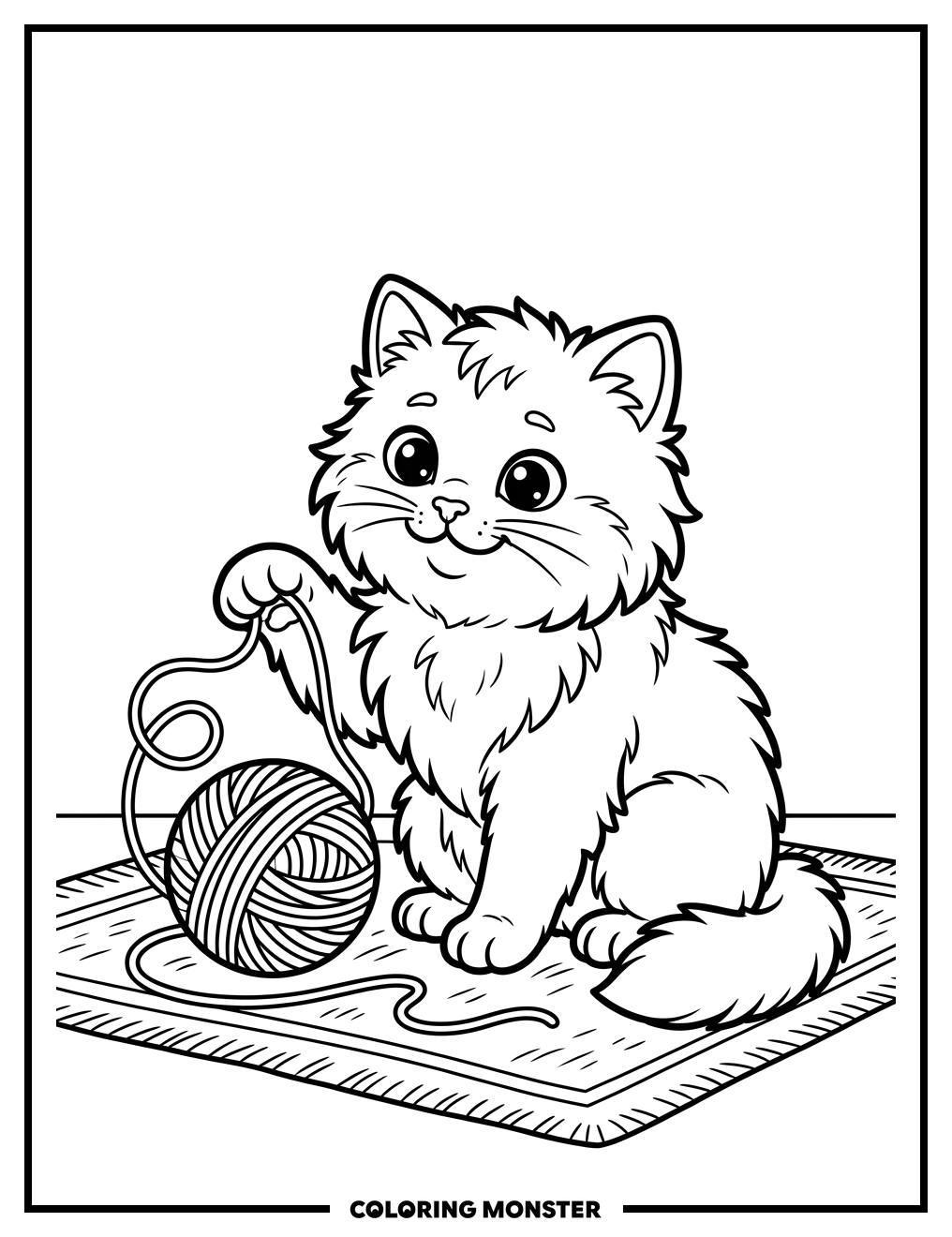 Cute Fluffy Cat Playing With Yarn Ball Coloring Page