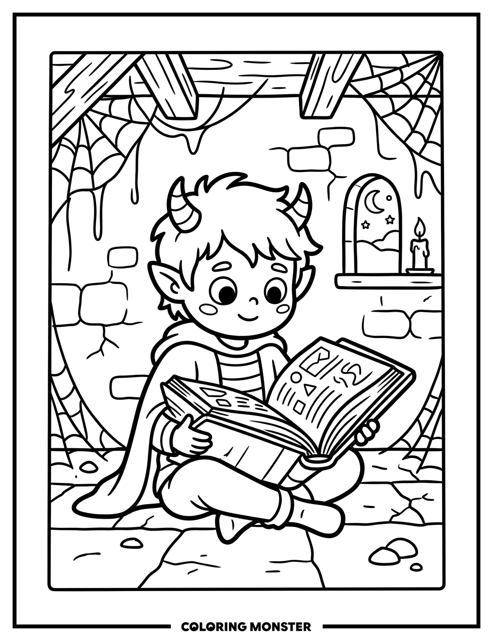 Cute Ghoul Reading a Book Coloring Page