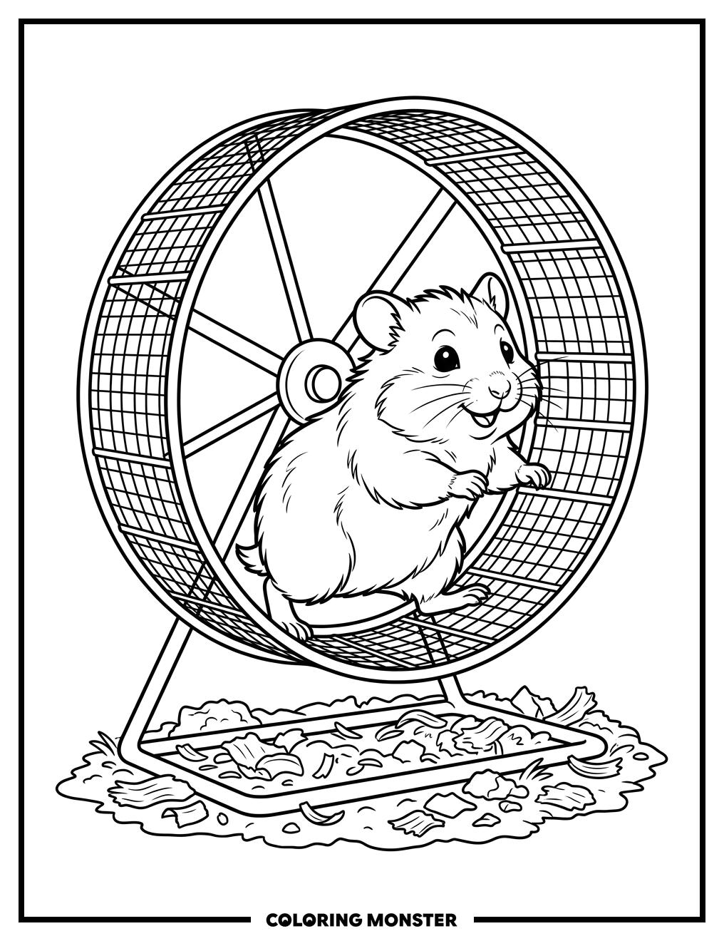 Cute Hamster Running in Wheel Coloring Page