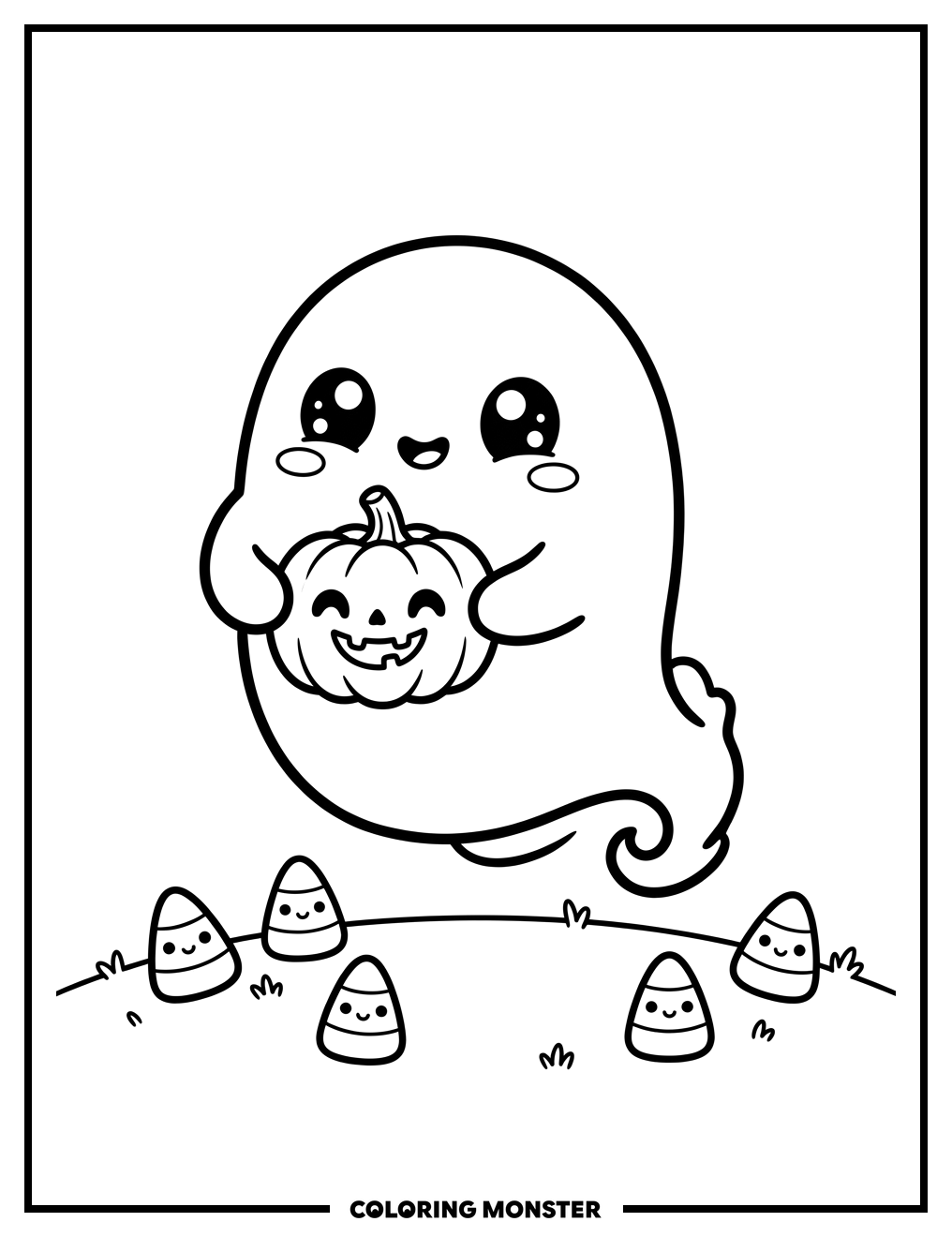 Cute Kawaii Ghost with Pumpkin Coloring Page