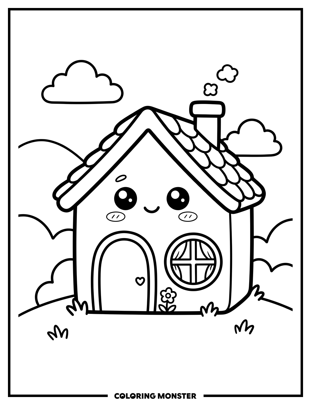 Cute Kawaii House with Door and Window Coloring Page