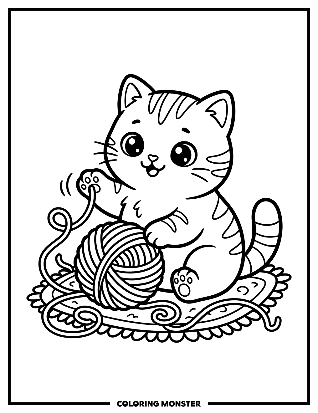 Cute Kitten Playing With Yarn Coloring Page