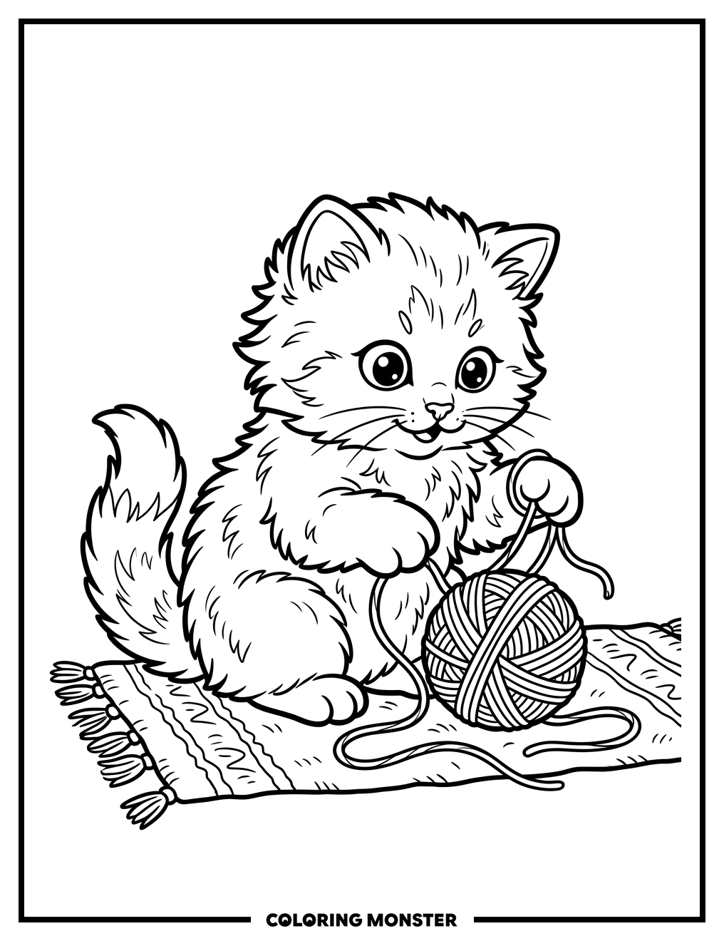 Cute Kitten Playing With Yarn Ball Coloring Page