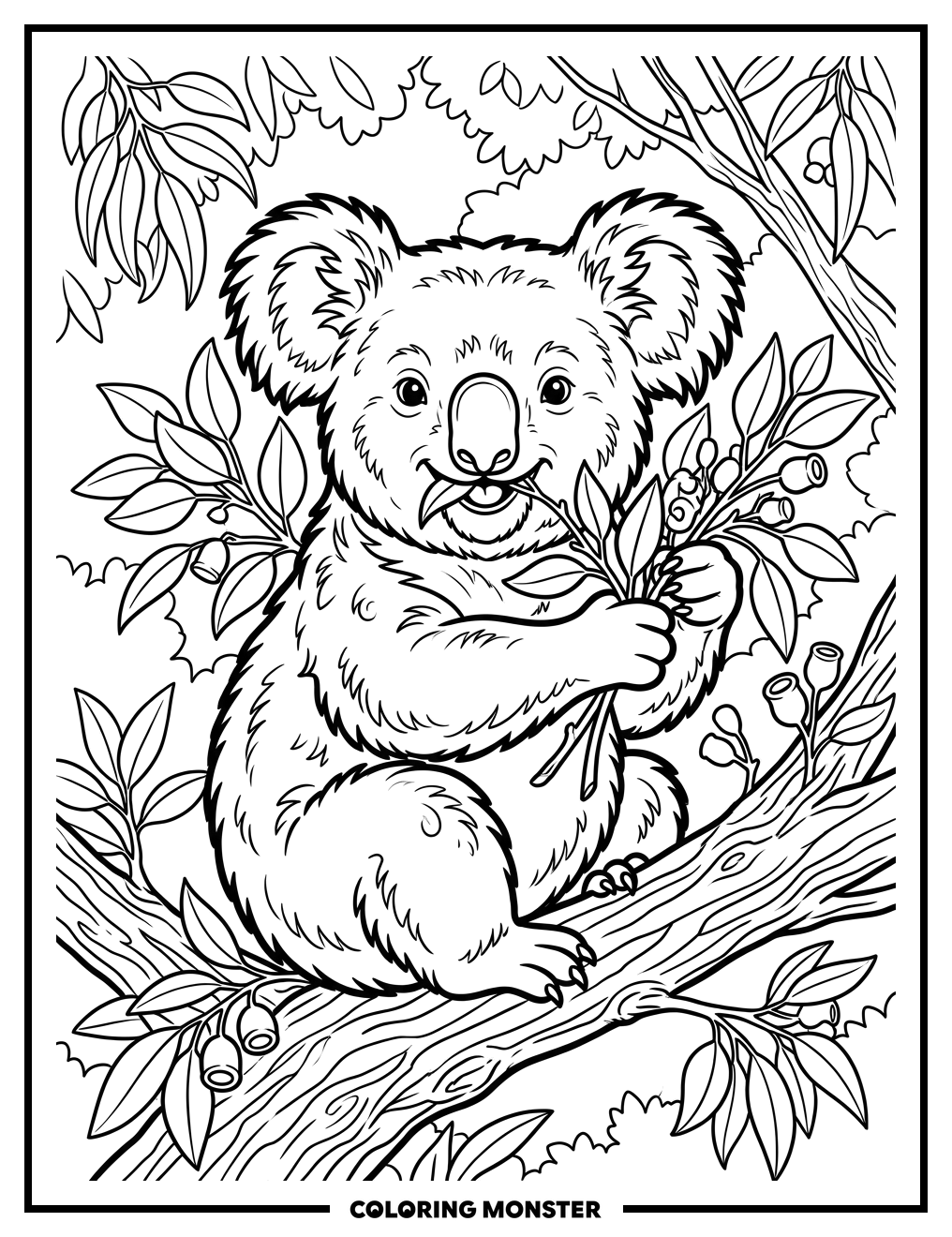 Cute Koala Eating Eucalyptus Leaves Coloring Page