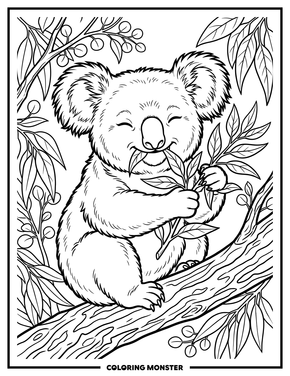 Cute Koala Eating Eucalyptus Leaves Coloring Page