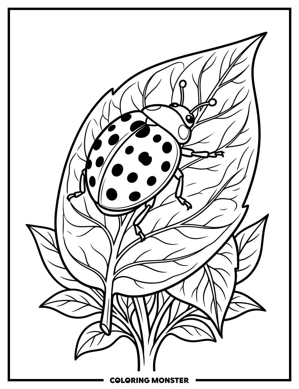 Cute Ladybug on a Green Leaf Coloring Page