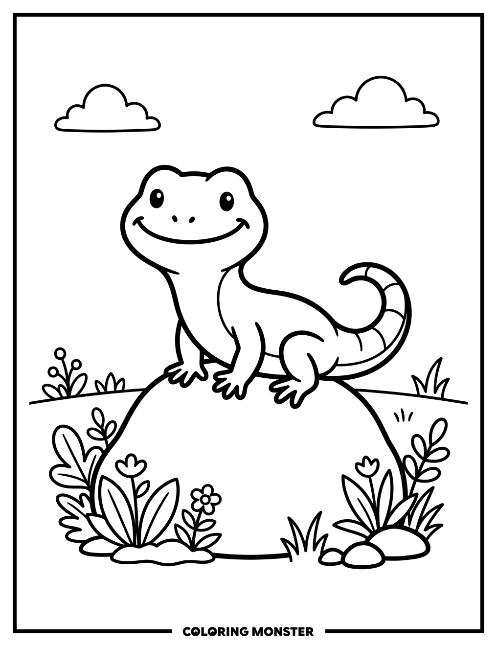Cute Lizard on a Rock Coloring Page