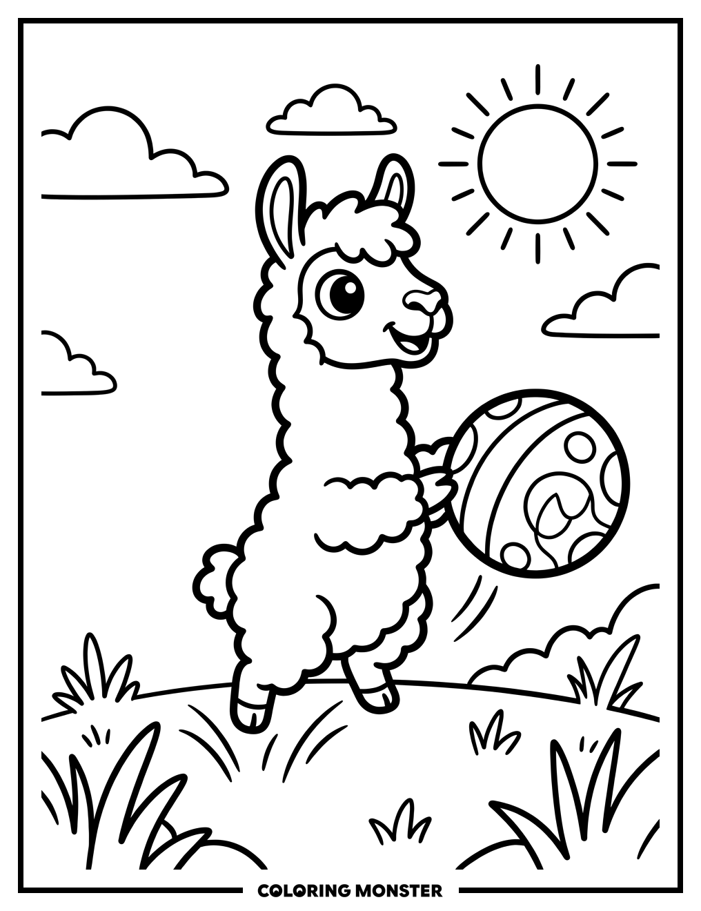 Cute Llama Playing With Ball Coloring Page