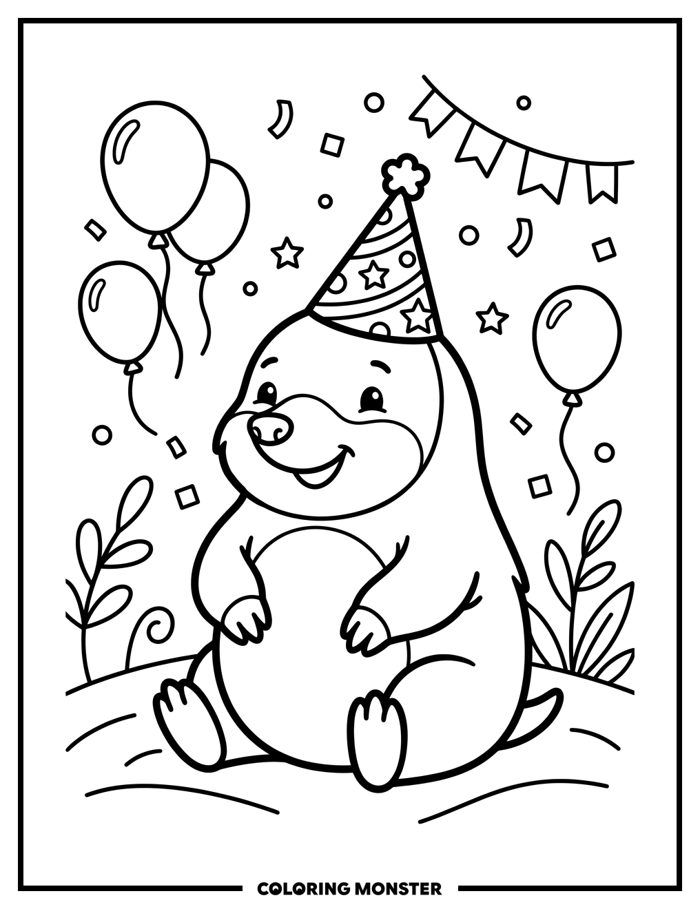 Cute Mole Wearing Party Hat Coloring Page