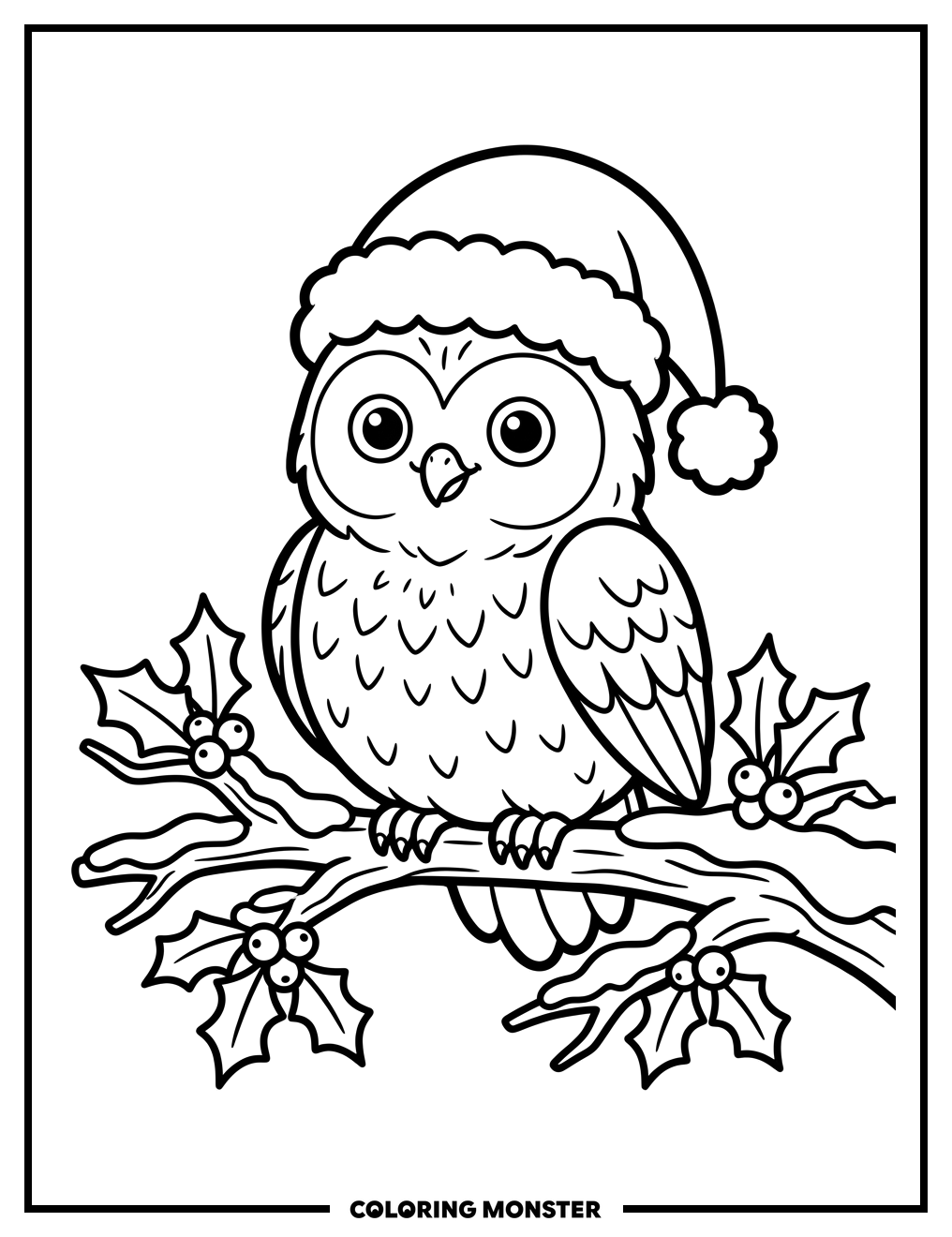 Cute Owl in Santa Hat Coloring Page
