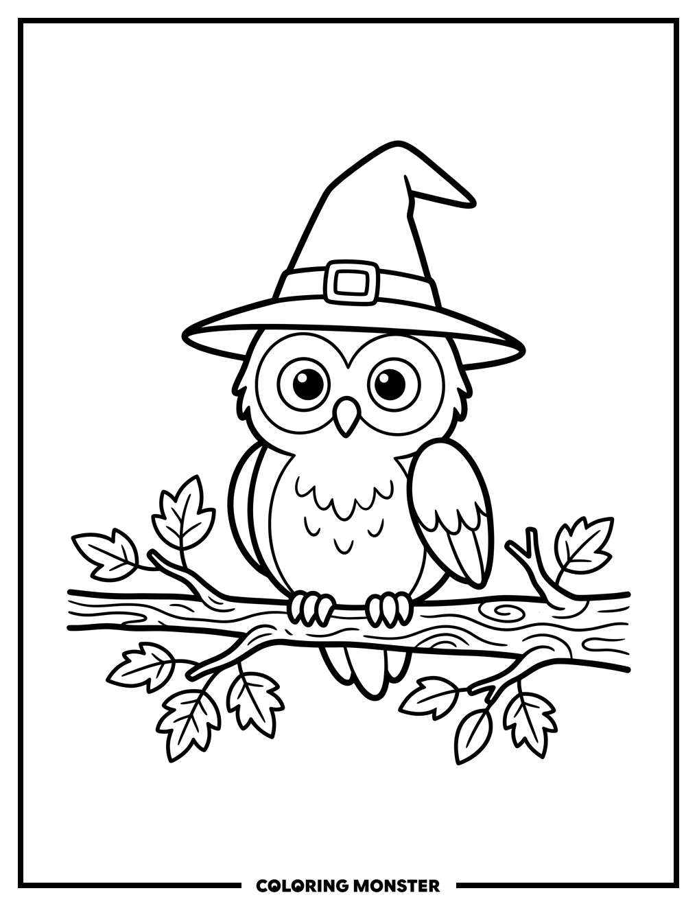 Cute Owl in Witch Hat Coloring Page