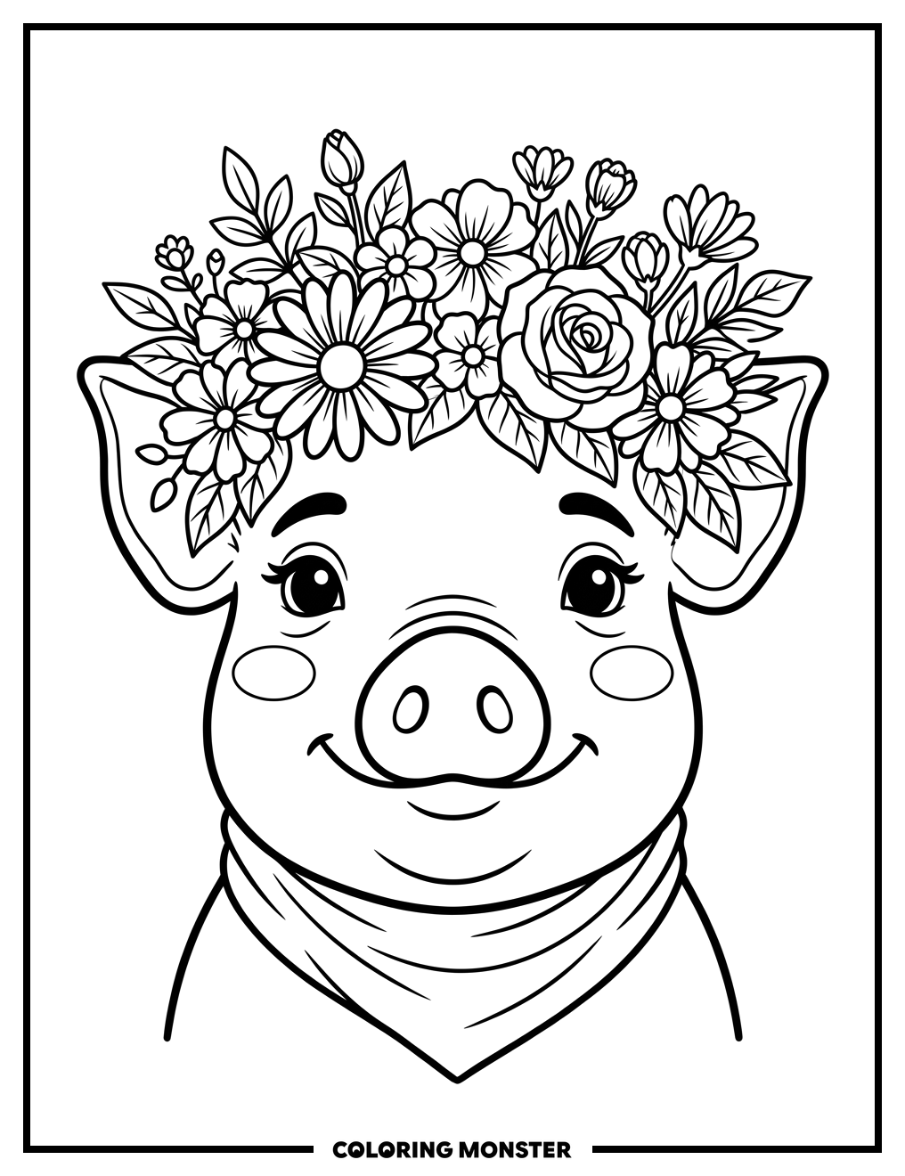Cute Pig Wearing Flower Crown Coloring Page