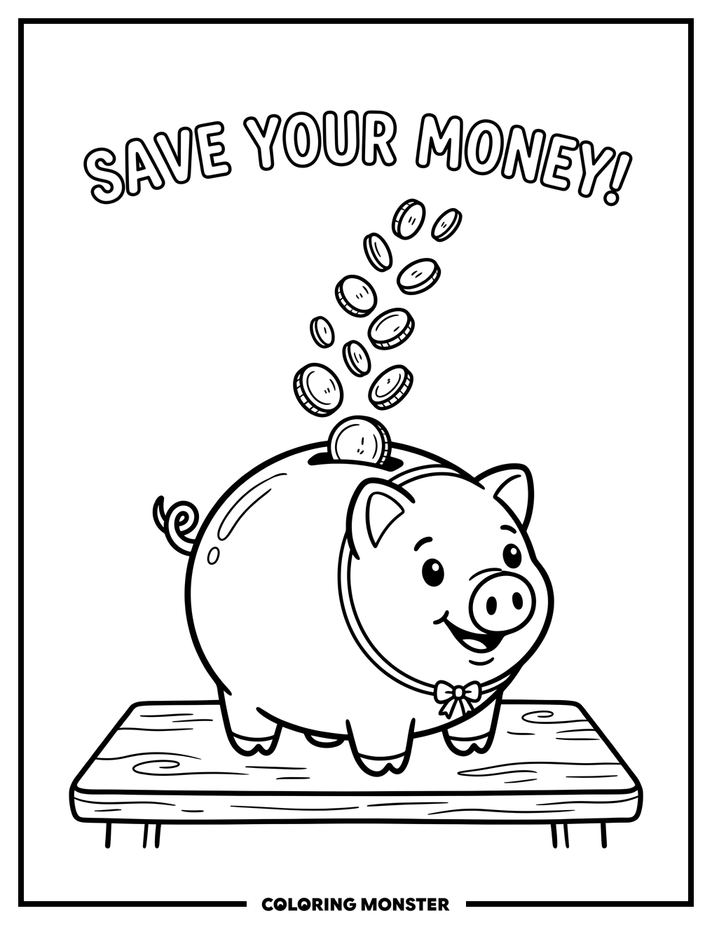 Cute Piggy Bank With Falling Coins Coloring Page