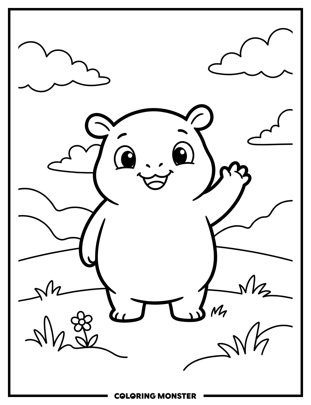 Cute Pink Creature Waving Hello Coloring Page