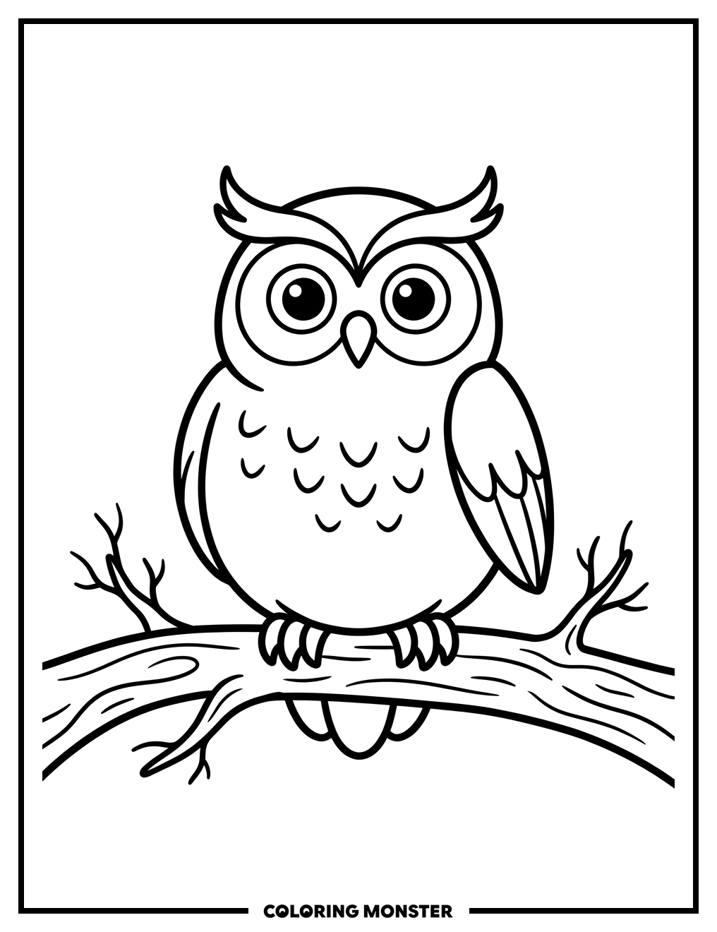 Cute Plump Owl On Tree Branch Coloring Page