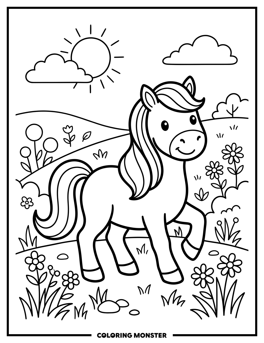 Cute Pony in Sunny Meadow Coloring Page