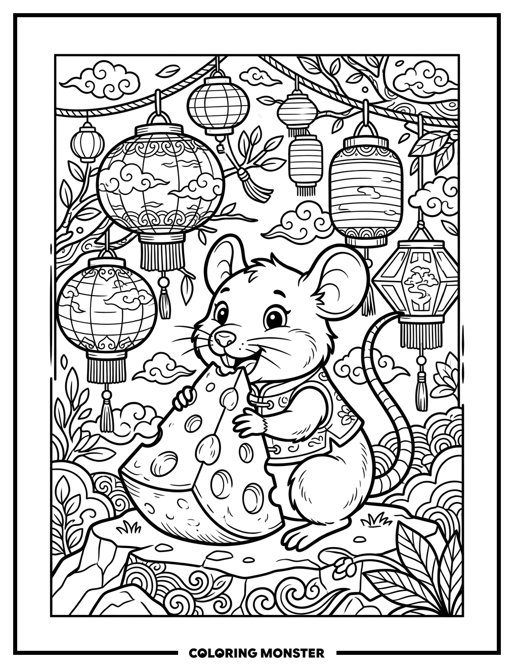 Cute Rat With Chinese Lanterns Coloring Page