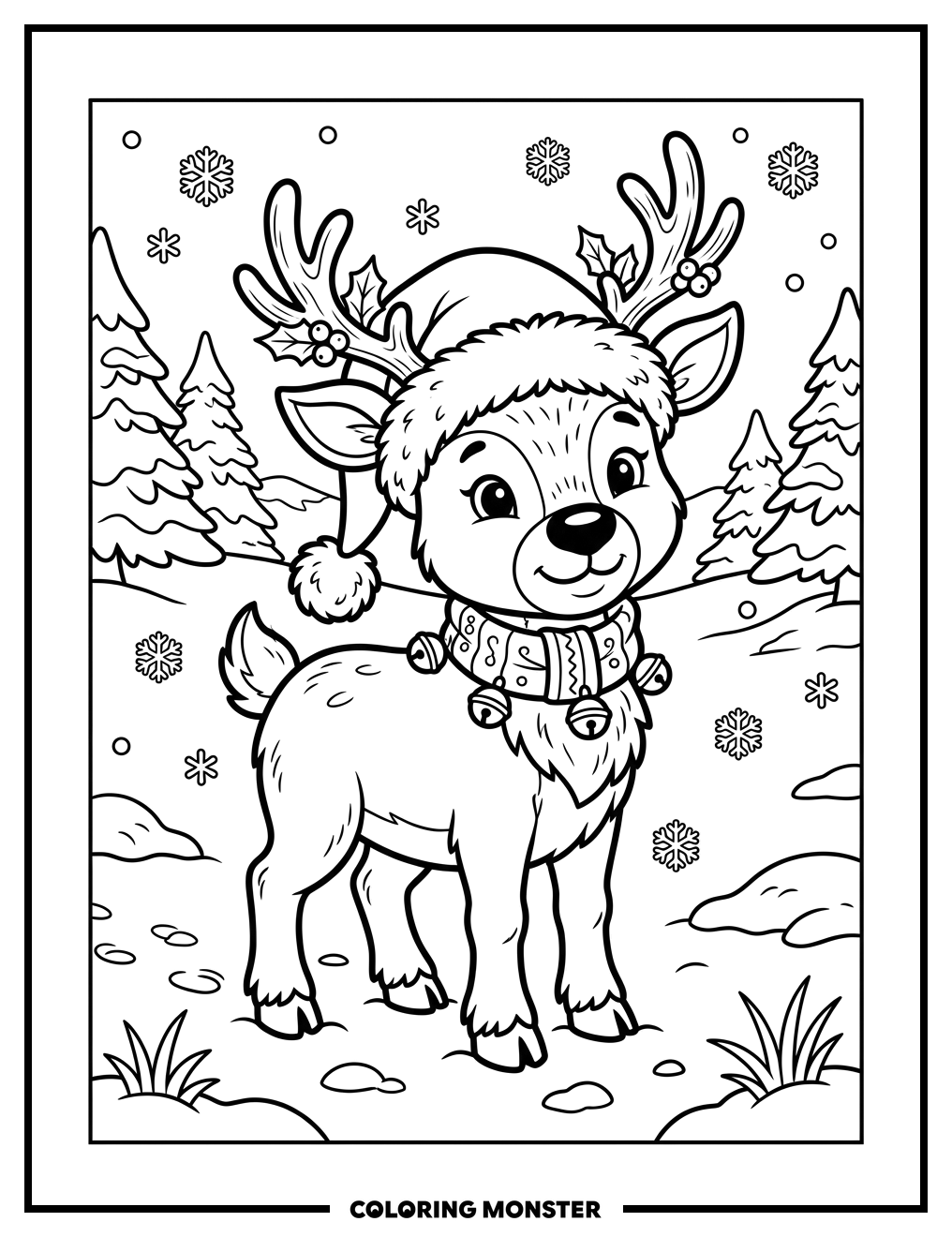 Cute Reindeer in Snowy Field Coloring Page