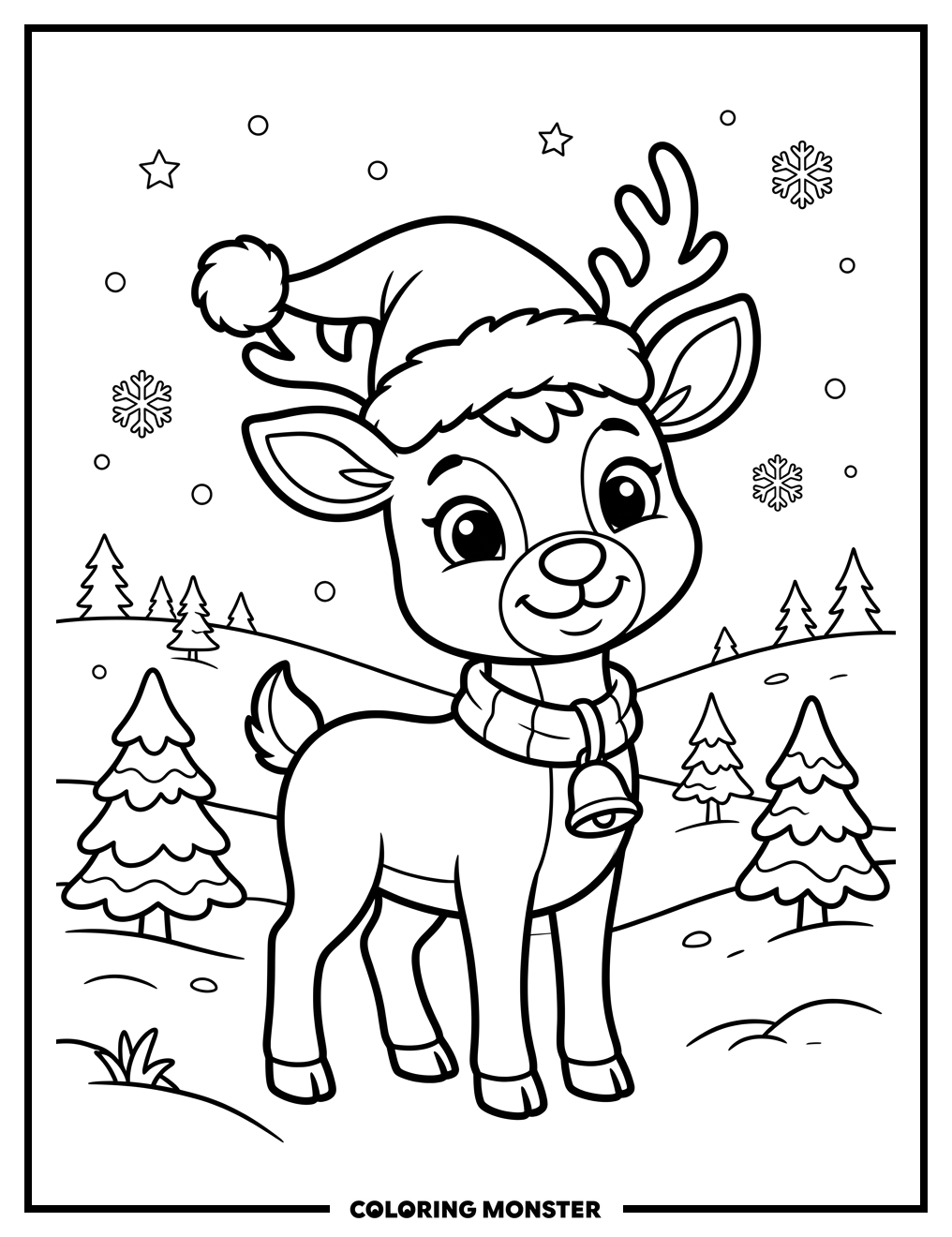 Cute Reindeer in Snowy Landscape Coloring Page