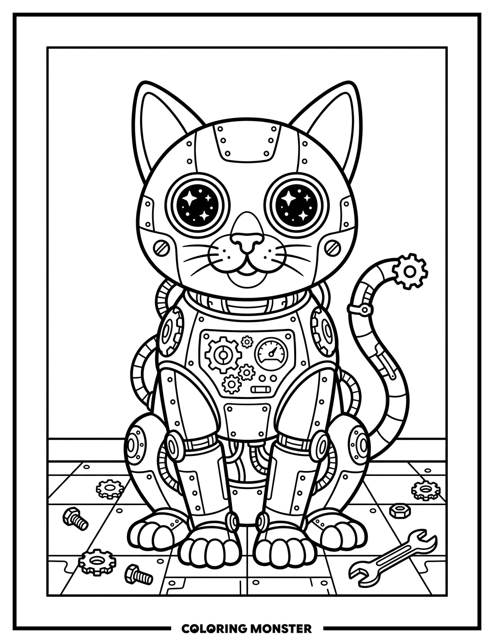 Cute Robot Cat Sitting Coloring Page