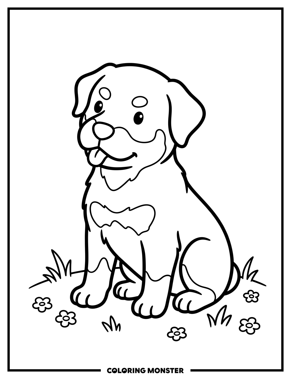 Cute Rottweiler Puppy in Flowers Coloring Page