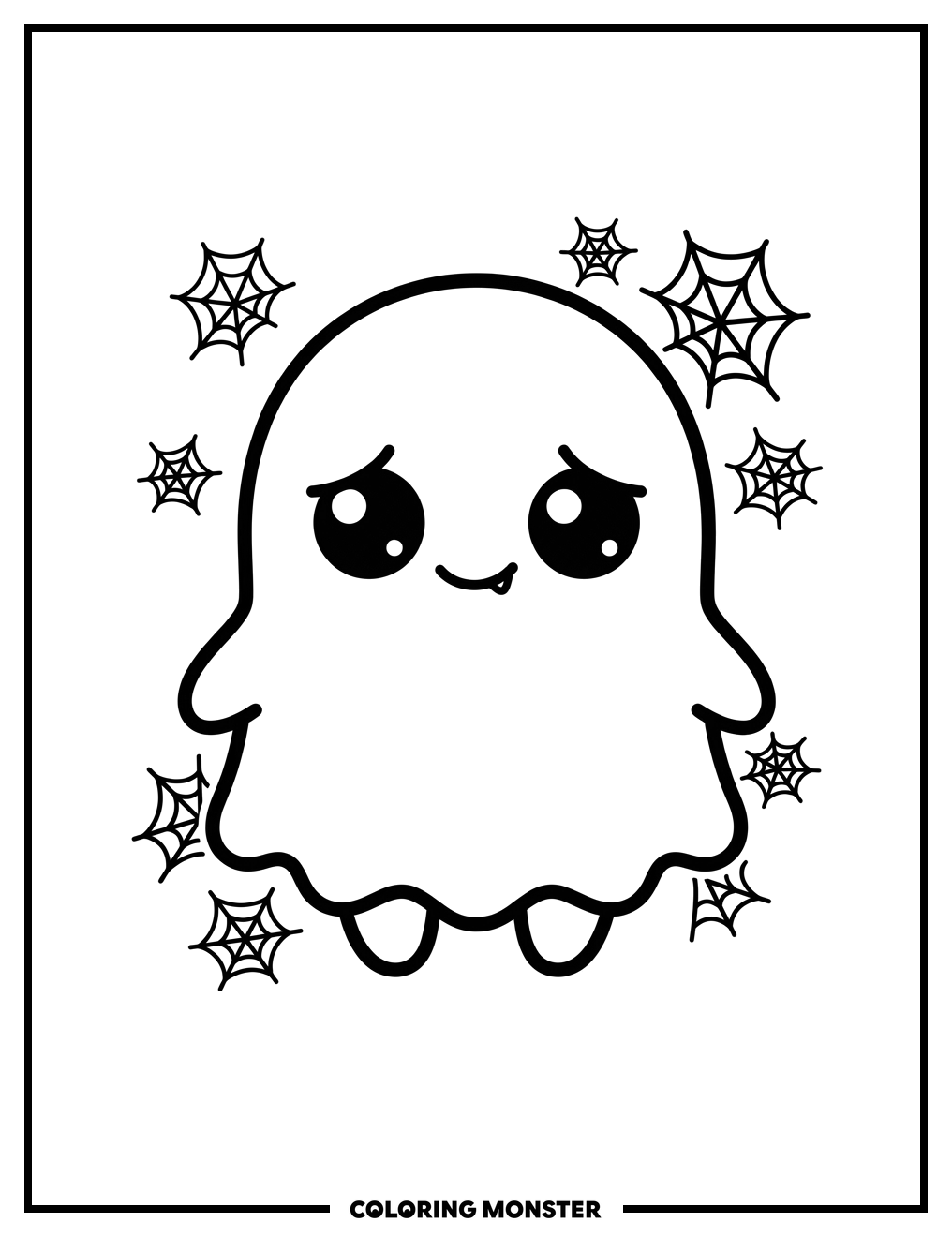 Cute Sad Ghost with Cobwebs Coloring Page