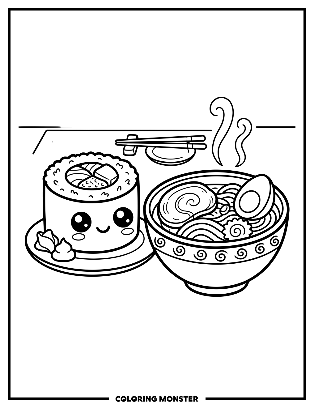 Cute Sushi and Ramen Friends Coloring Page