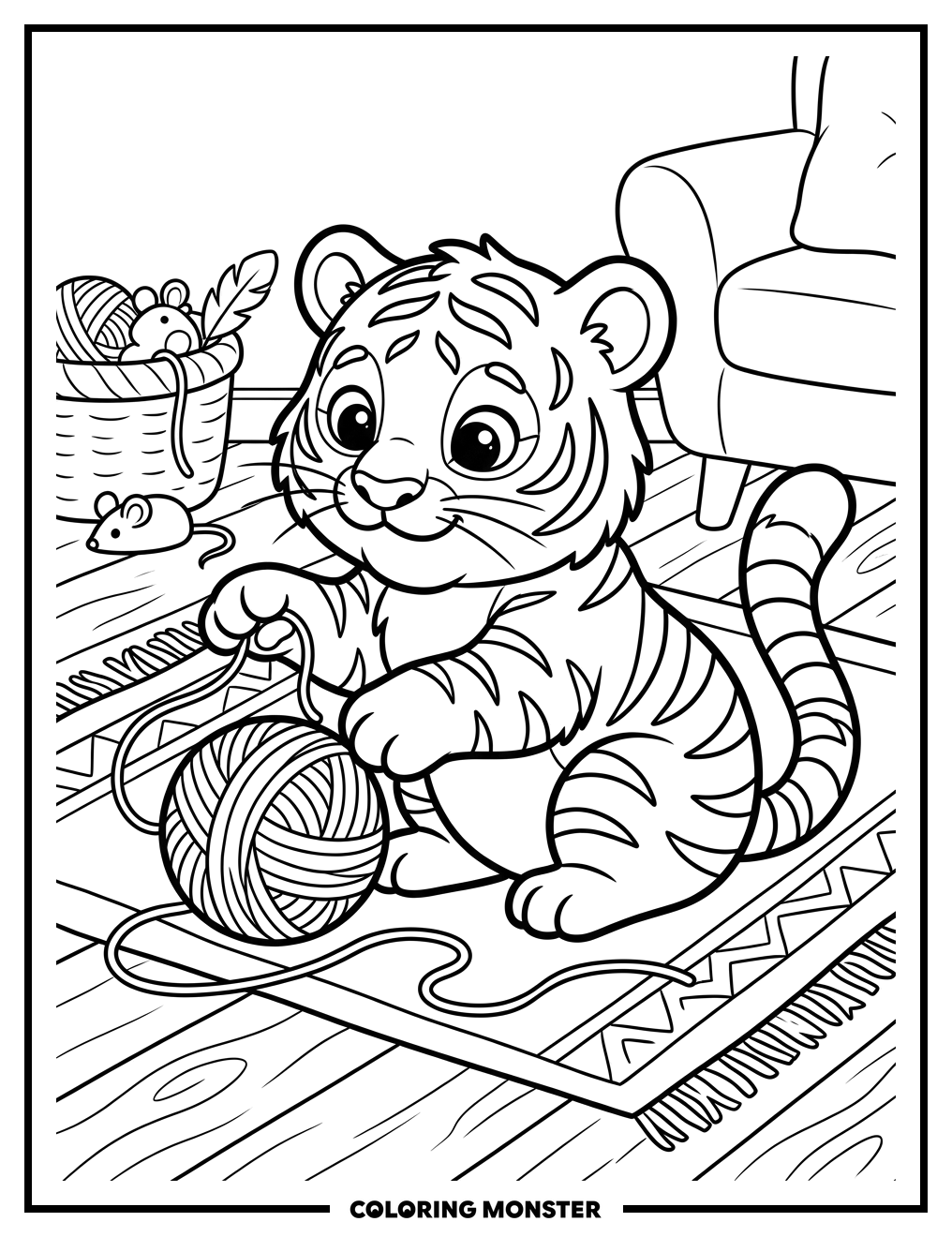 Cute Tiger Cub Plays With Yarn Coloring Page
