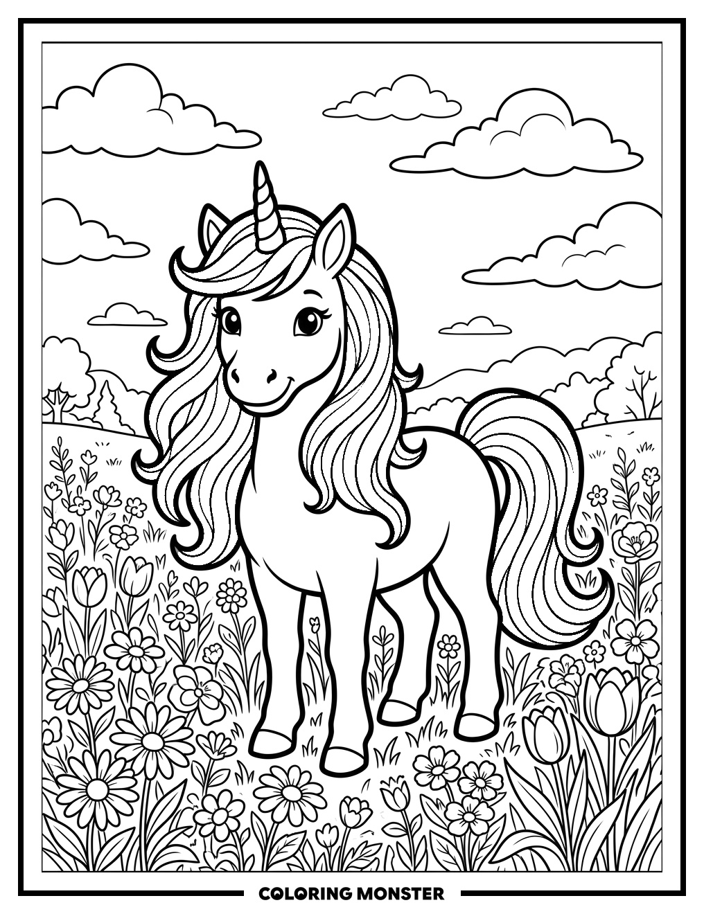 Cute Unicorn Among Flowers Coloring Page