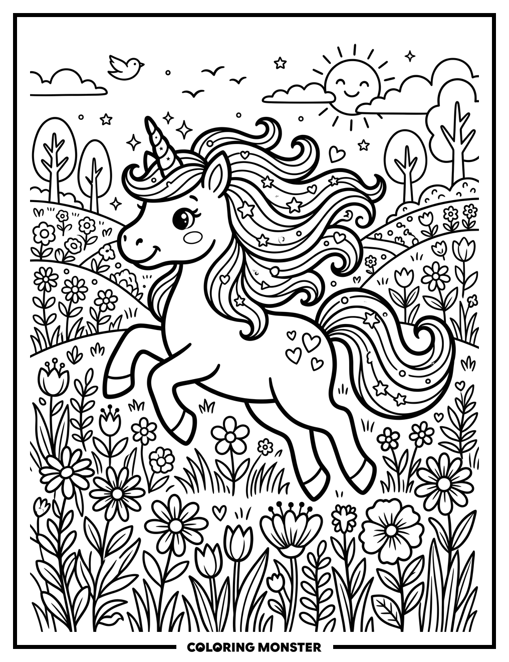 Cute Unicorn Prancing in Flower Field Coloring Page