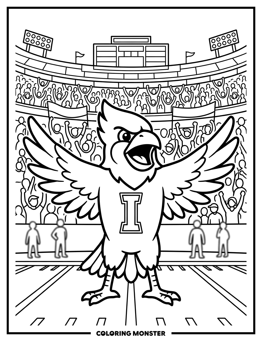 Cy the Cardinal Roaring at Stadium Coloring Page