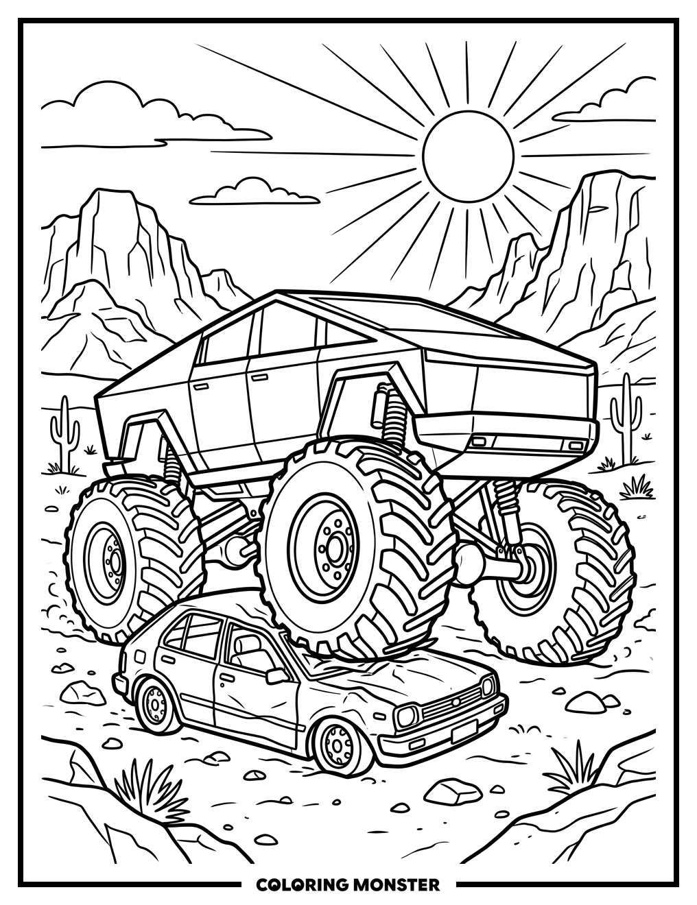Cybertruck Monster Truck Crushing Car Coloring Page