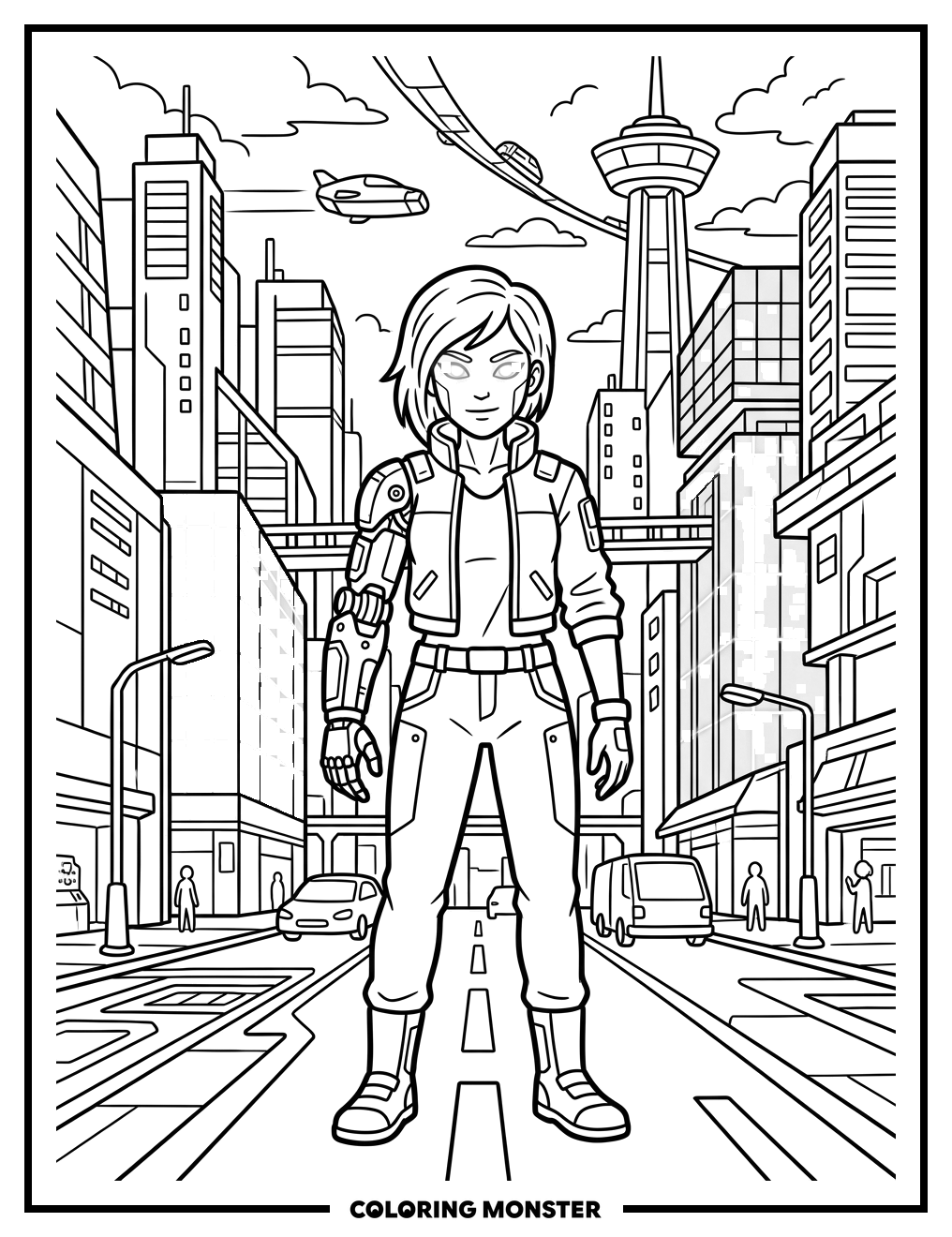 Cyborg Girl In Futuristic City Coloring Page