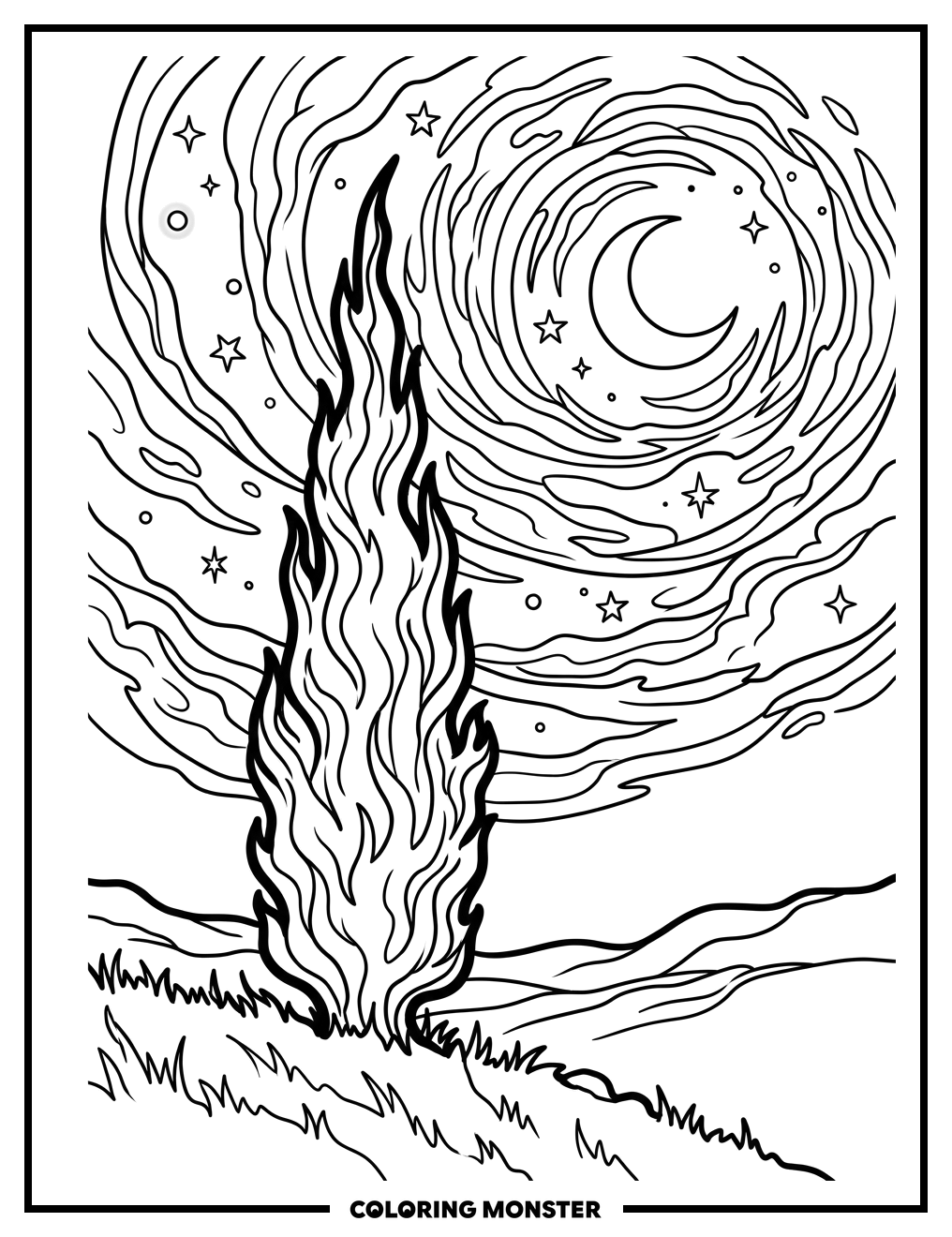 Cypress Tree Under Starry Night Sky Coloring Page