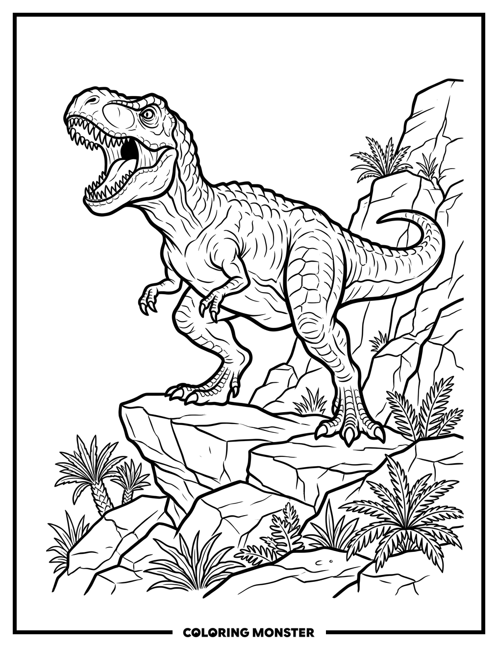 D-Rex Dinosaur Roaring on Rocky Outcrop Coloring Page