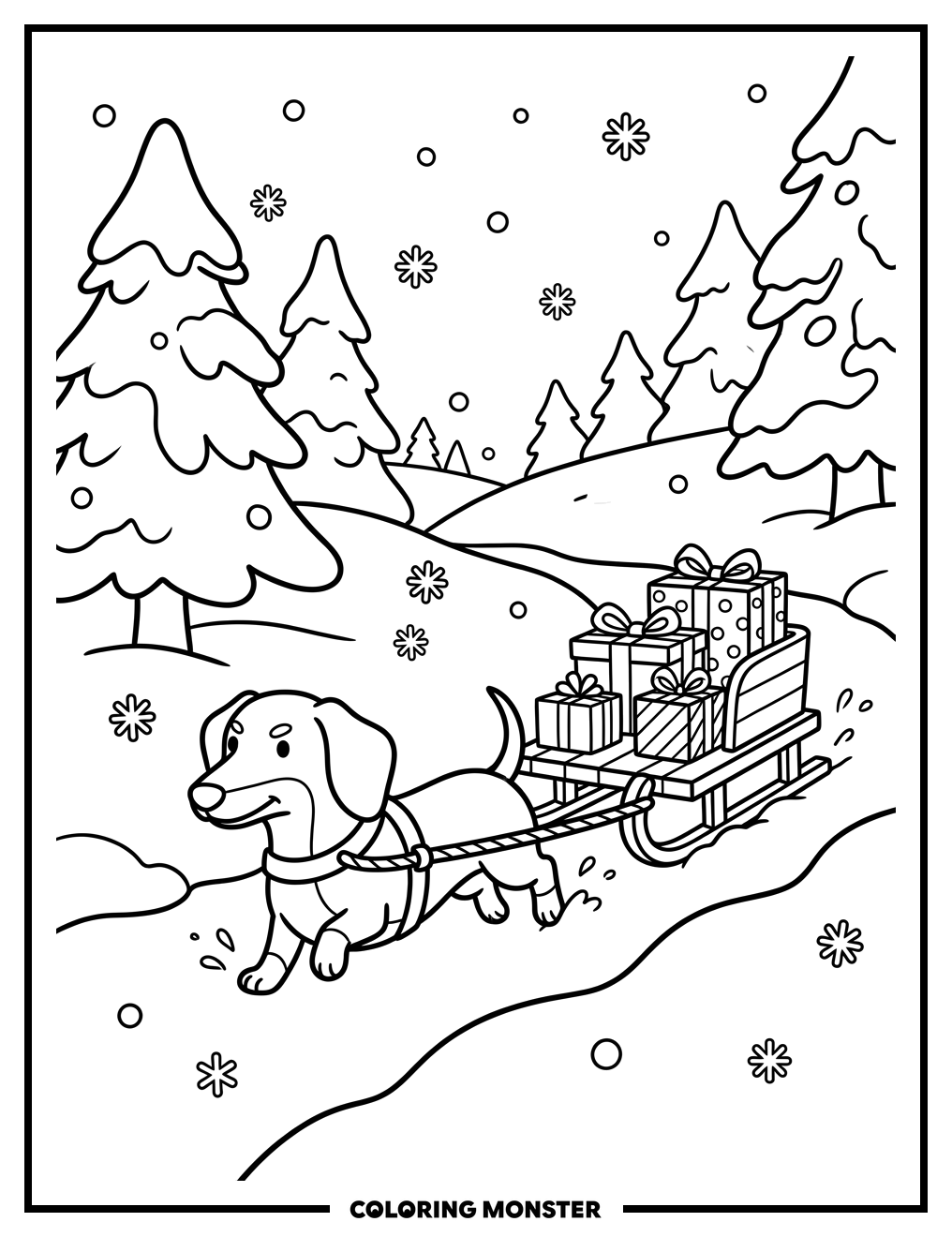 Dachshund Pulling Sleigh Full of Gifts Coloring Page