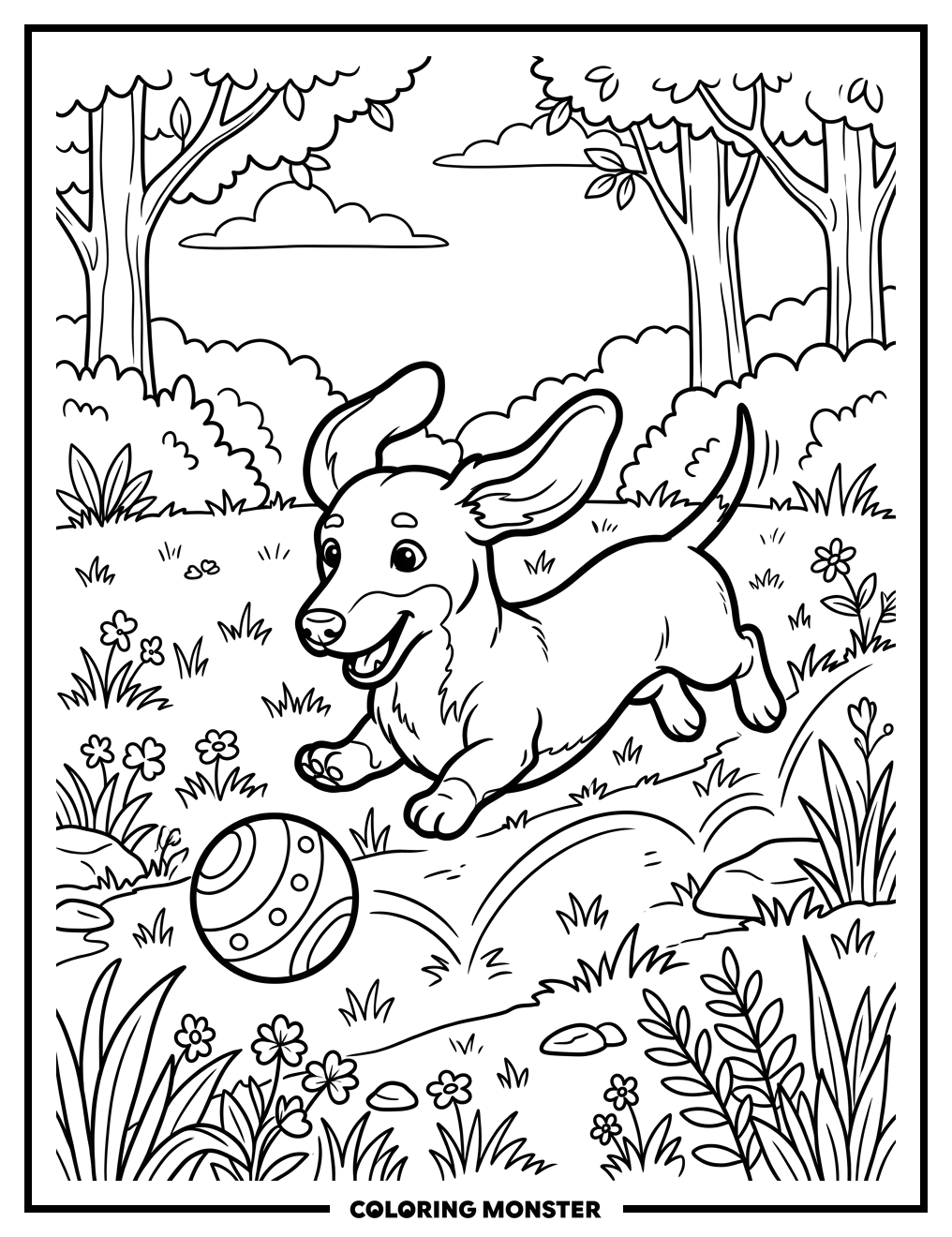 Dachshund Puppy Playing With Colorful Ball Coloring Page