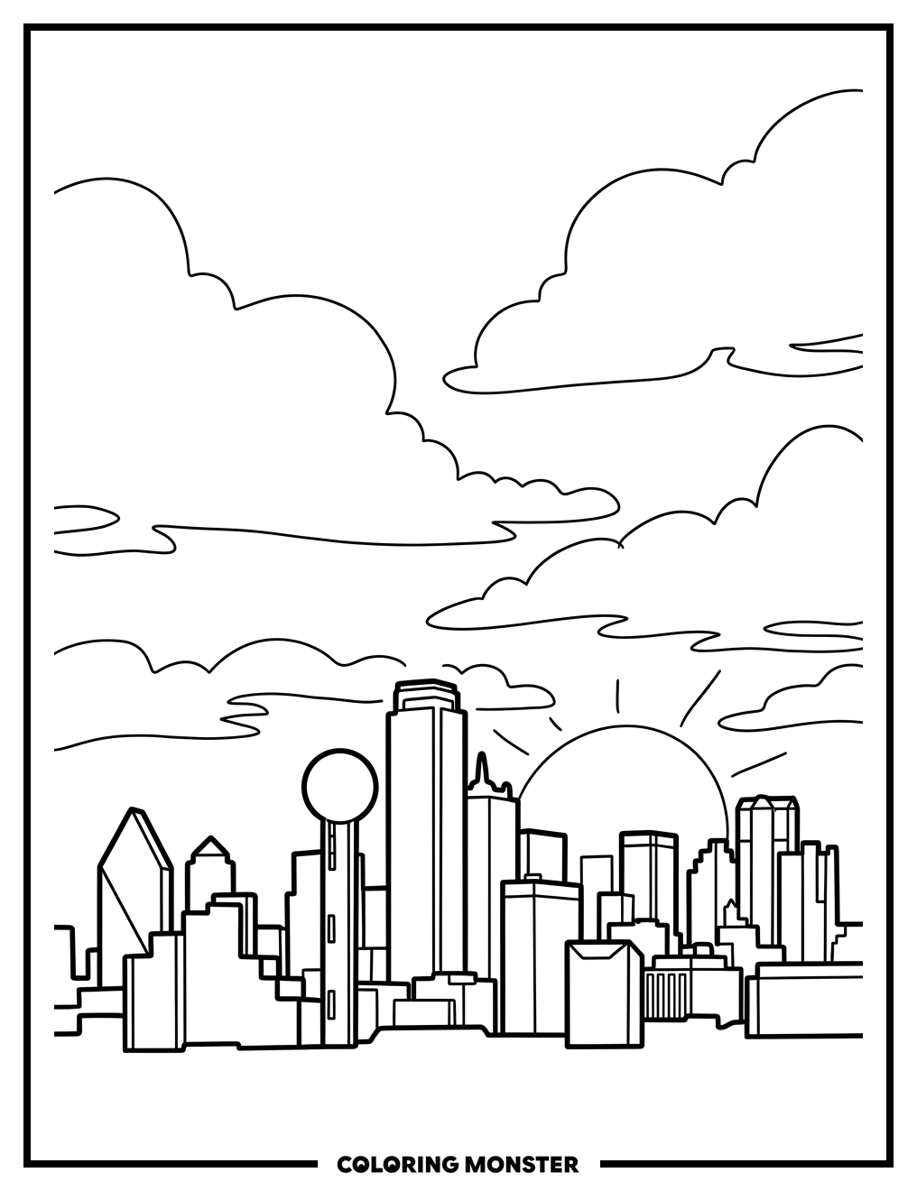 Dallas Skyline at Sunset Coloring Page