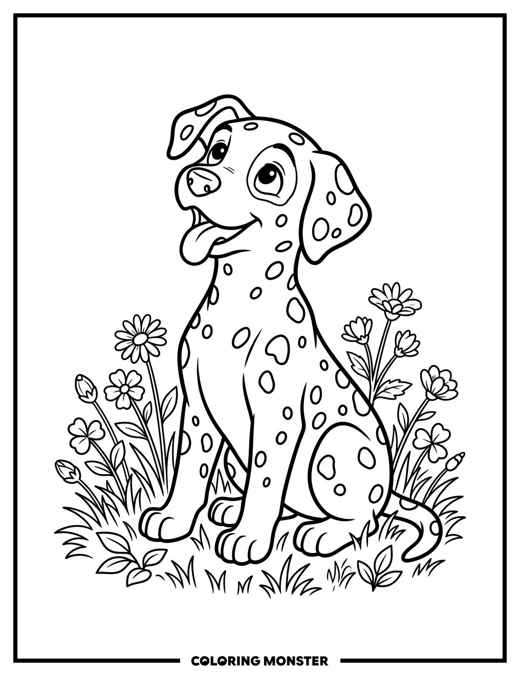 Dalmatian Puppy Among Flowers Coloring Page