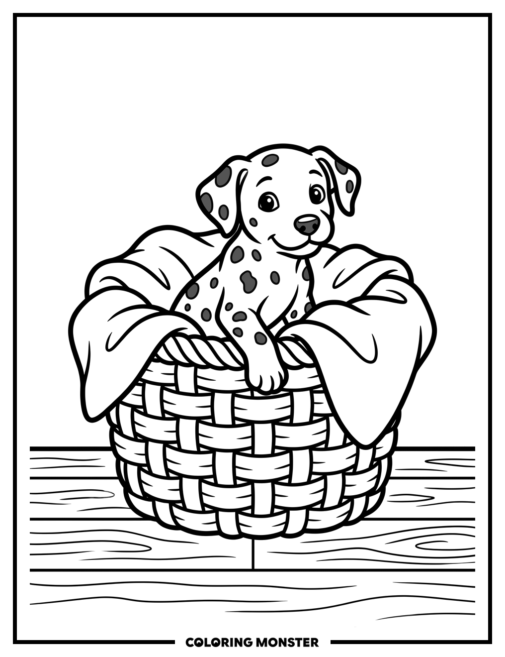 Dalmatian Puppy in a Basket Coloring Page