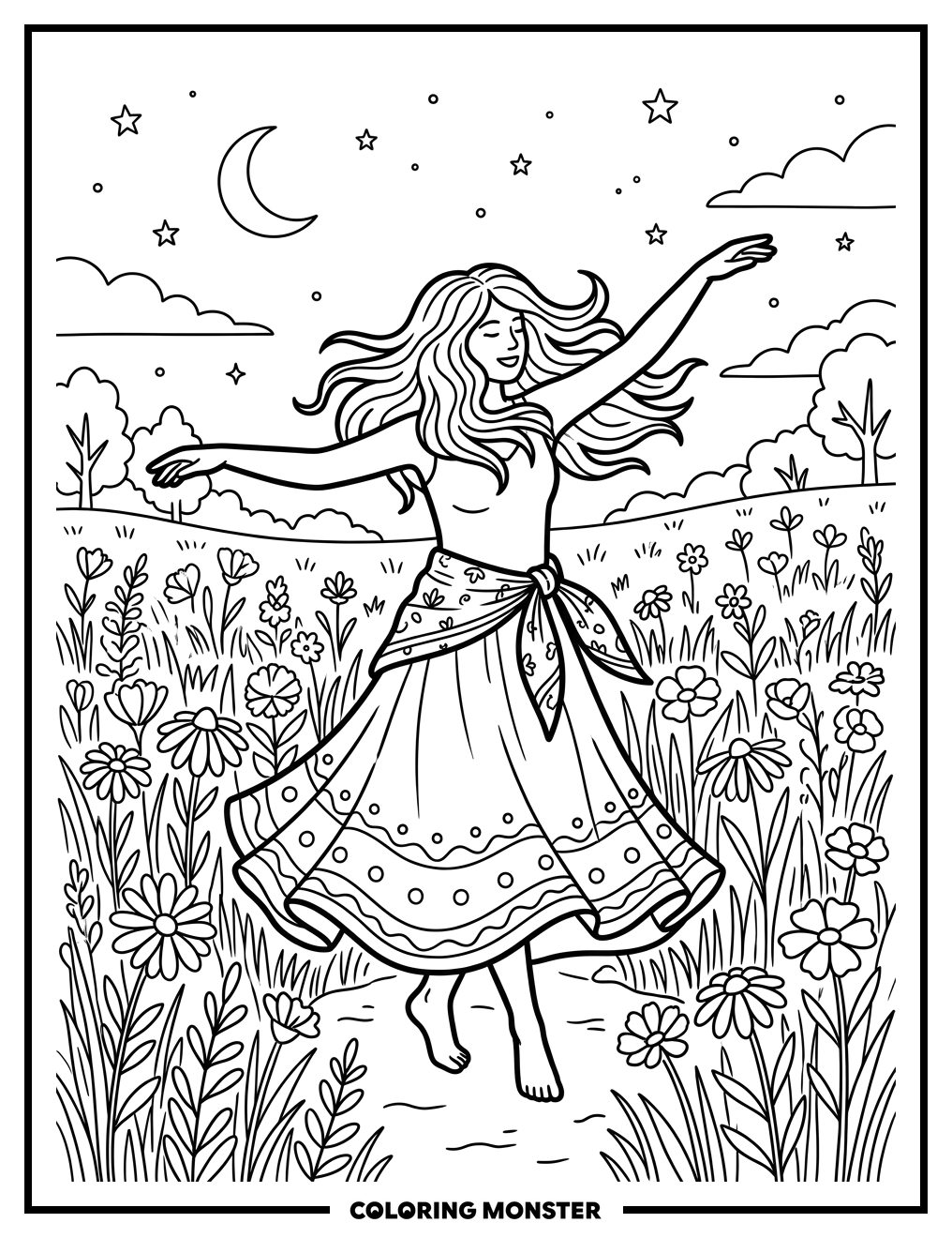 Dancer Under A Crescent Moon Coloring Page